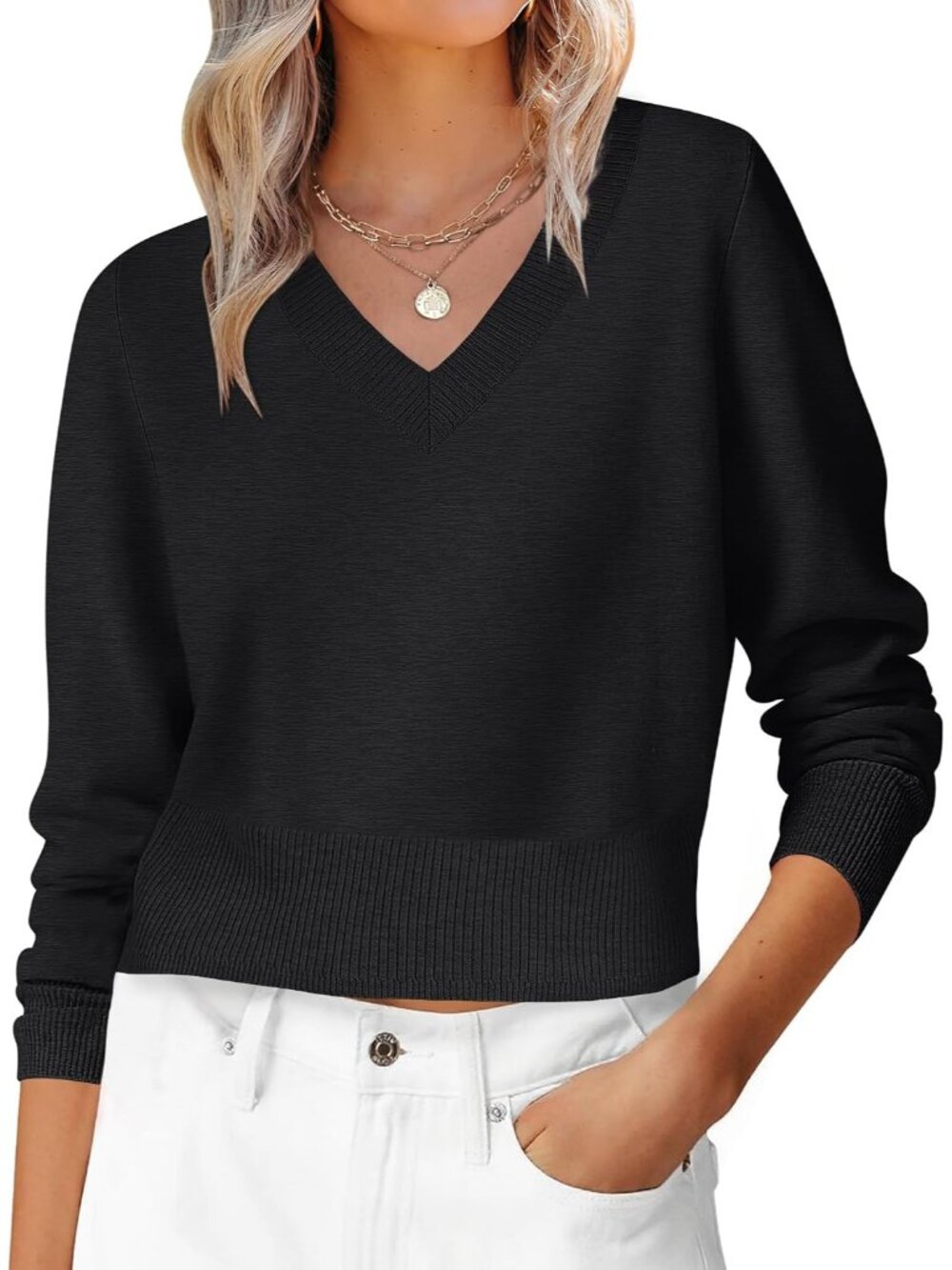 Women's Black Cropped Drop Shoulder Long Sleeve V Neck Pullover Fall Sweater